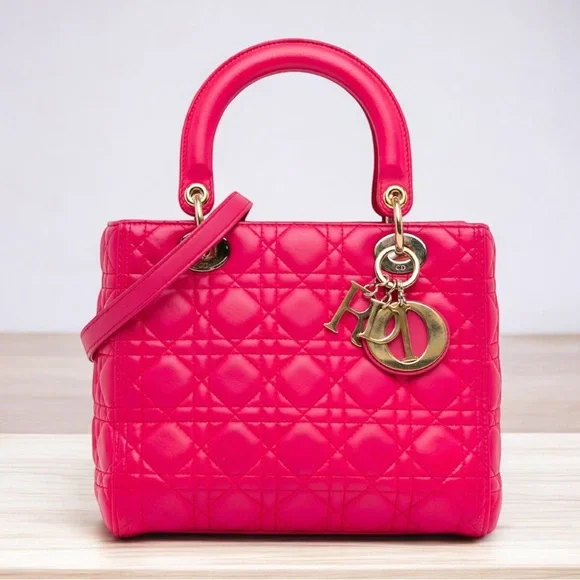 π₯ Christian Dior Lady Dior Pink Supple Quilted Lambskin Large Bag EUC! - Picture 4 of 16